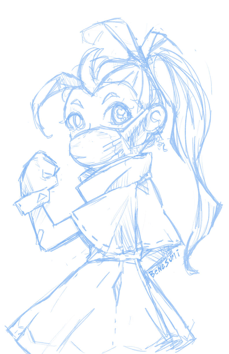A blue sketch of a girl wearing a small mask with her back turned and a fist raised looking at you.