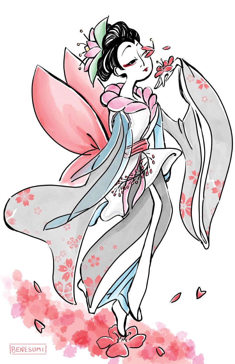 A traditionally drawn slender Japanese woman in Kabuki style wearing white and gray kimono is walking gracefully across a red flower path. She has big petal red bow around her waist and a water lily flower hat.