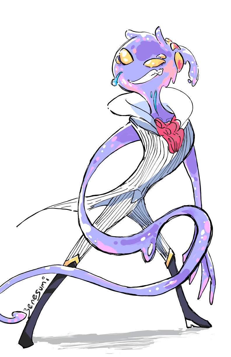 A purple and pink highlighted humanoid slime with a roguish grin and multiple yellow eyes and blue blood. He is wearing a posh white pinstriped vest and pants with a red puffy neck piece with black boots. He's right arm is a long curvy whip.