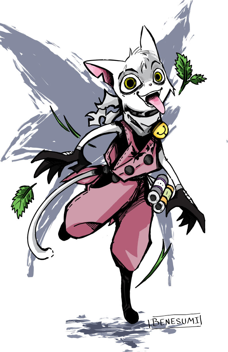 A white ninja cat for the Monthly Character Design Challenge. The angular humanoid cat with sharp claws is balancing on a pole sticking out his tongue with a manic smile and yellow eyes from catnip. He's wearing a bell and grayish pink ninja gear.