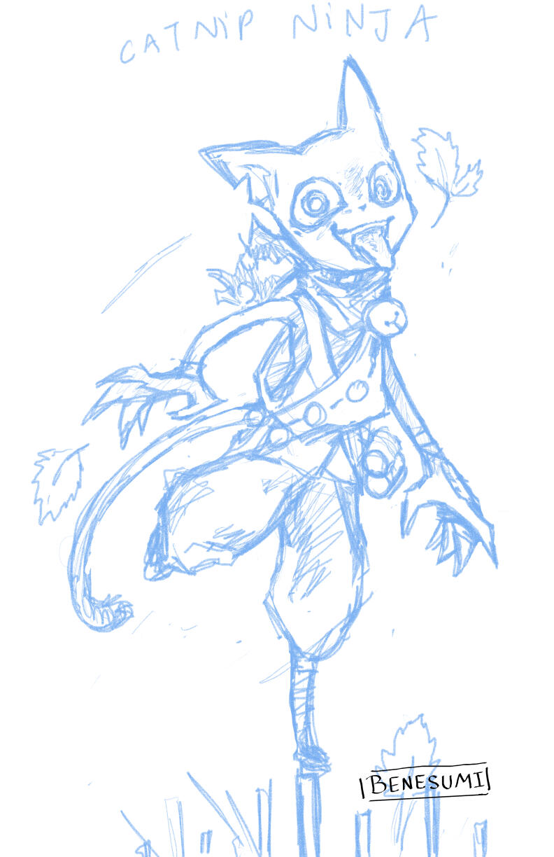 Sketch of a ninja cat for the Monthly Character Design Challenge. The angular humanoid cat with sharp claws is balancing on a pole sticking out his tongue with a manic smile and eyes from catnip.